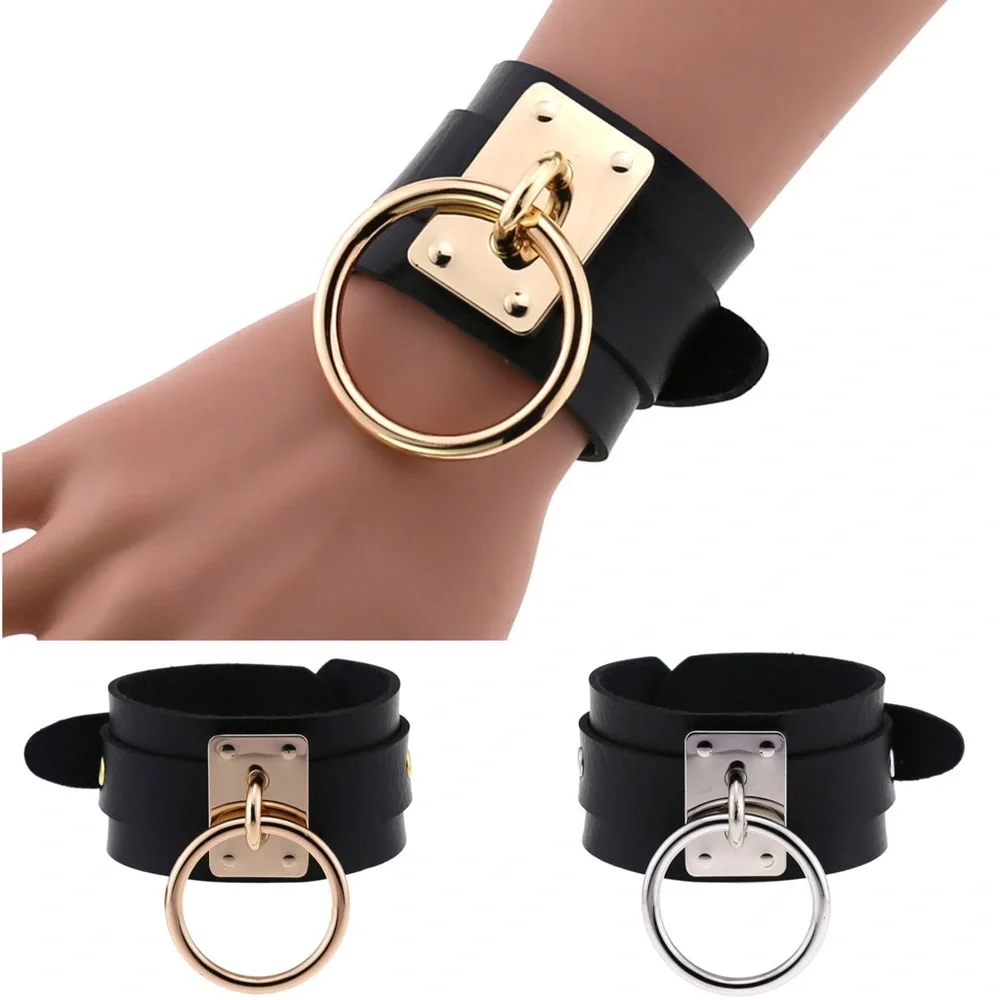 Punk Gothic Black Vegan Leather Metal Ring Bracelet - Picture 1 of 16